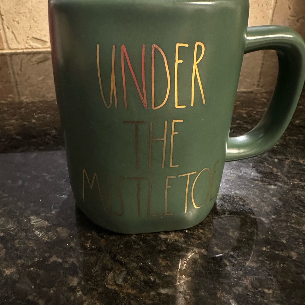 Rae Dunn Under the Mistletoe Mug Dark Green w/ Gold Letters